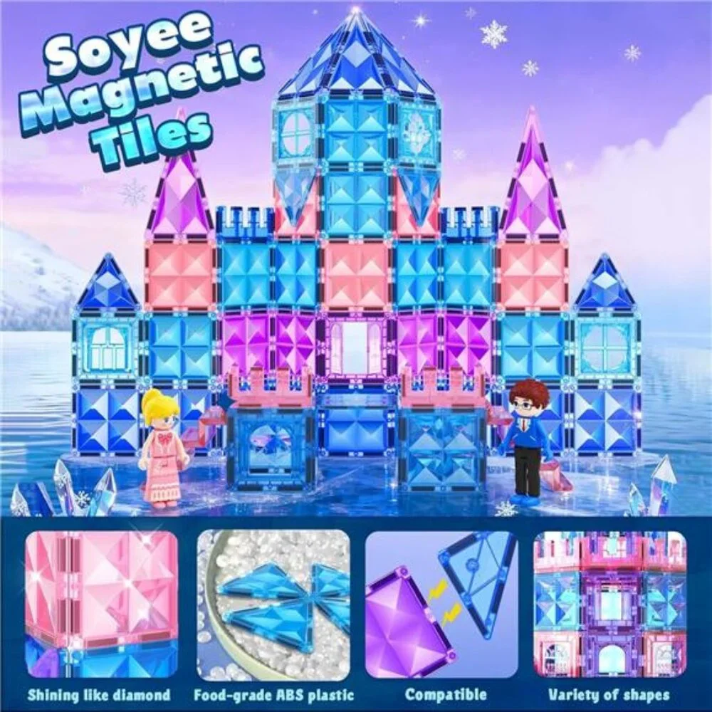 Magnetic Tiles 102pcs with 2 Stairs 2 Dolls Princess Castle Building Girls Toys